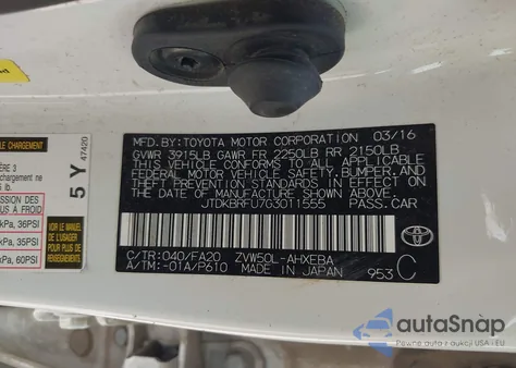 2016 Toyota Prius Two from USA, damaged, VIN JTDKBRFU7G3011555